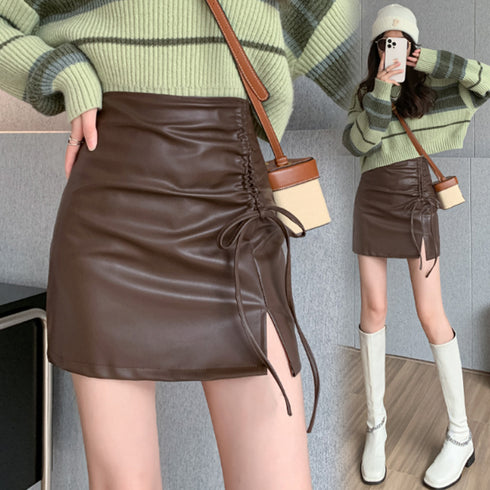レザータイトスカートスリットミニスカート レディース ギャザー ハイウエスト 台形スカート 美脚脚長 韓国 フェイクレザースカート 黒 ミニ丈 ボトムス 着やせ 86XANYT-065