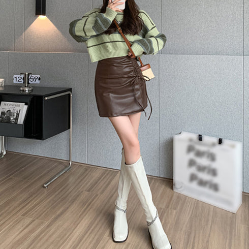 レザータイトスカートスリットミニスカート レディース ギャザー ハイウエスト 台形スカート 美脚脚長 韓国 フェイクレザースカート 黒 ミニ丈 ボトムス 着やせ 86XANYT-065
