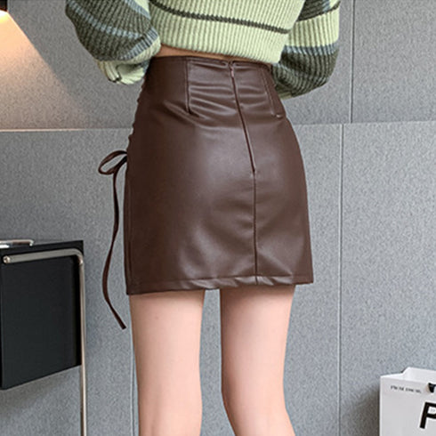 レザータイトスカートスリットミニスカート レディース ギャザー ハイウエスト 台形スカート 美脚脚長 韓国 フェイクレザースカート 黒 ミニ丈 ボトムス 着やせ 86XANYT-065
