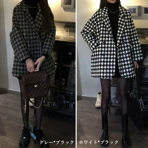 千鳥格子柄 ジャケット 中綿コート 秋冬 レディース おしゃれ九分袖 冬アウター 韓国ファッション ショートコート防寒 ゆったり 体型カバー チェスターコート細身 86XANYT-070