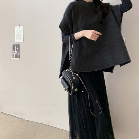 ニットベスト レディース ニットチョッキ 韓国 フレンチスリーブニット スリット リブニットポンチョ 重ね着 大人カジュアル ニットセーター プチハイネックベスト 86XANYT-072
