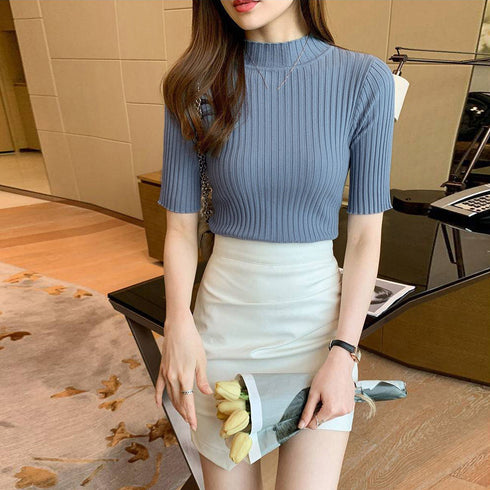 リブニットトップス レディース半袖春秋夏 カラーニット 春 プチハイネック きれいめ サマーニット 韓国 無地 ニットカットソー細見えプルオーバー ニットインナー 86XANYT-073