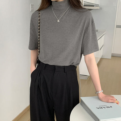 ハイネック半袖tシャツ レディース 薄手 ゆったりカットソー オフィスカジュアル トップス シンプル プルオーバー 無地Tシャツ ベーシック 着回しトップス春秋夏 86XANYT-075