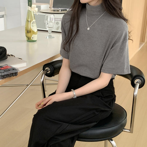 ハイネック半袖tシャツ レディース 薄手 ゆったりカットソー オフィスカジュアル トップス シンプル プルオーバー 無地Tシャツ ベーシック 着回しトップス春秋夏 86XANYT-075
