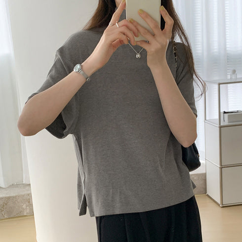 ハイネック半袖tシャツ レディース 薄手 ゆったりカットソー オフィスカジュアル トップス シンプル プルオーバー 無地Tシャツ ベーシック 着回しトップス春秋夏 86XANYT-075