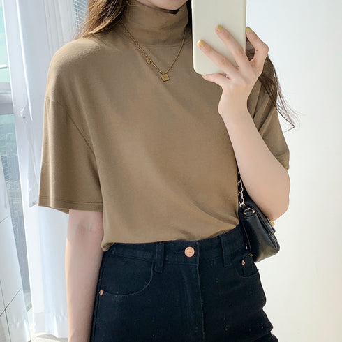 ハイネック半袖tシャツ レディース 薄手 ゆったりカットソー オフィスカジュアル トップス シンプル プルオーバー 無地Tシャツ ベーシック 着回しトップス春秋夏 86XANYT-075