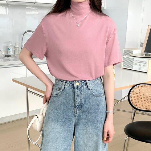 ハイネック半袖tシャツ レディース 薄手 ゆったりカットソー オフィスカジュアル トップス シンプル プルオーバー 無地Tシャツ ベーシック 着回しトップス春秋夏 86XANYT-075