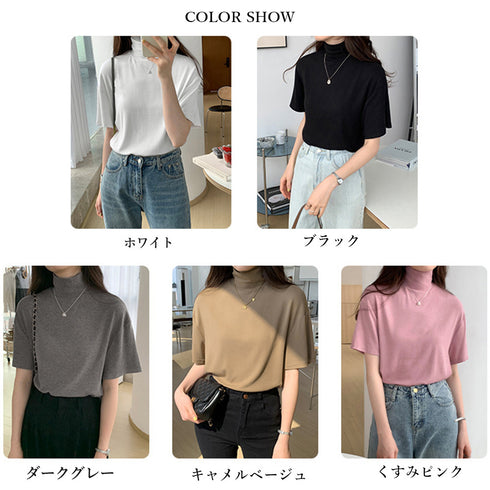 ハイネック半袖tシャツ レディース 薄手 ゆったりカットソー オフィスカジュアル トップス シンプル プルオーバー 無地Tシャツ ベーシック 着回しトップス春秋夏 86XANYT-075