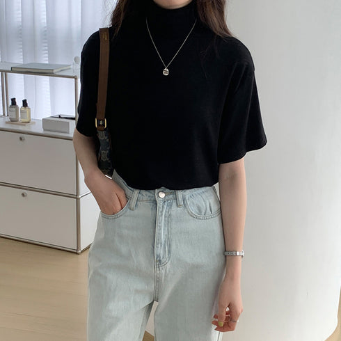 ハイネック半袖tシャツ レディース 薄手 ゆったりカットソー オフィスカジュアル トップス シンプル プルオーバー 無地Tシャツ ベーシック 着回しトップス春秋夏 86XANYT-075