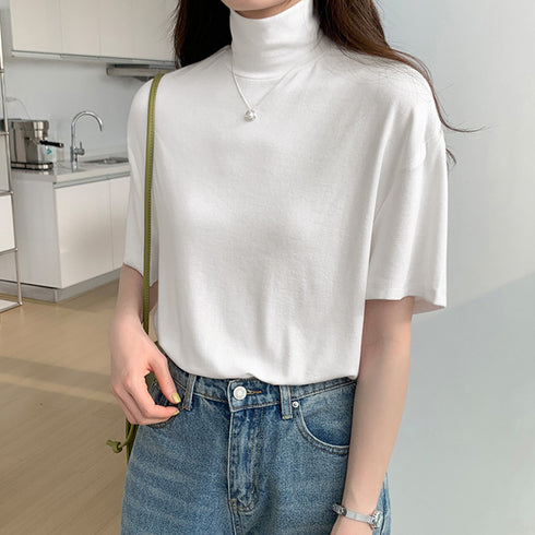 ハイネック半袖tシャツ レディース 薄手 ゆったりカットソー オフィスカジュアル トップス シンプル プルオーバー 無地Tシャツ ベーシック 着回しトップス春秋夏 86XANYT-075