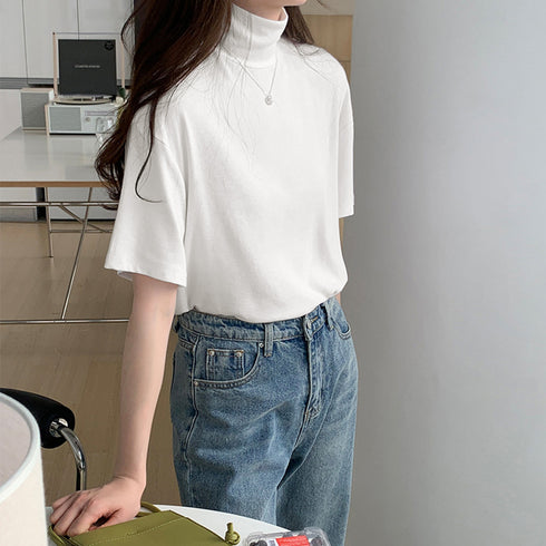 ハイネック半袖tシャツ レディース 薄手 ゆったりカットソー オフィスカジュアル トップス シンプル プルオーバー 無地Tシャツ ベーシック 着回しトップス春秋夏 86XANYT-075