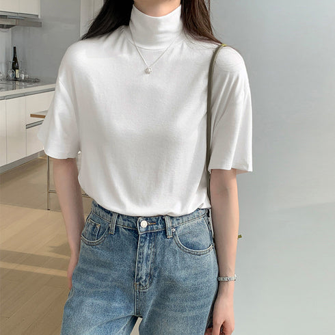 ハイネック半袖tシャツ レディース 薄手 ゆったりカットソー オフィスカジュアル トップス シンプル プルオーバー 無地Tシャツ ベーシック 着回しトップス春秋夏 86XANYT-075