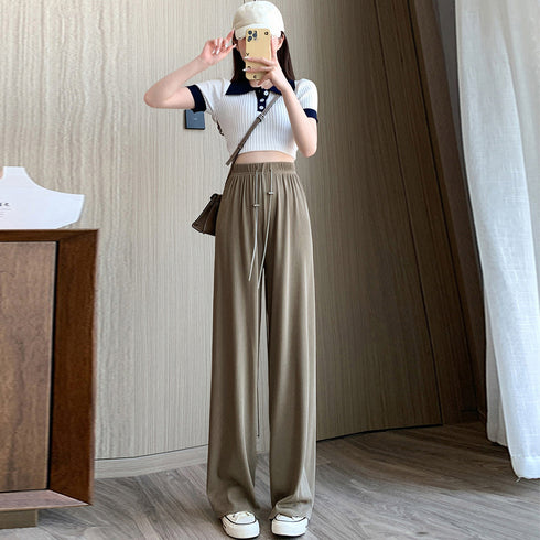セミワイドパンツハイウエストロングパンツ レディース 冷感タッチサマーパンツ カジュアル ワイドレッグズボン 通勤通学ストレートパンツ ウエストゴム ボトムス春夏 86XANYT-076