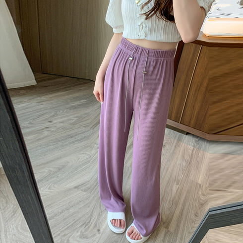セミワイドパンツハイウエストロングパンツ レディース 冷感タッチサマーパンツ カジュアル ワイドレッグズボン 通勤通学ストレートパンツ ウエストゴム ボトムス春夏 86XANYT-076