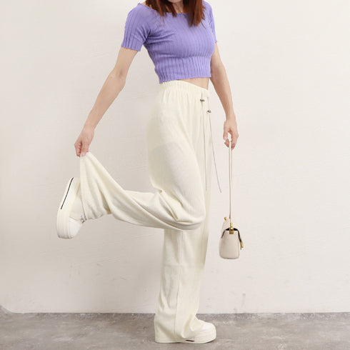 セミワイドパンツハイウエストロングパンツ レディース 冷感タッチサマーパンツ カジュアル ワイドレッグズボン 通勤通学ストレートパンツ ウエストゴム ボトムス春夏 86XANYT-076