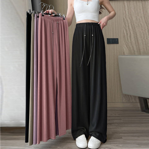 セミワイドパンツハイウエストロングパンツ レディース 冷感タッチサマーパンツ カジュアル ワイドレッグズボン 通勤通学ストレートパンツ ウエストゴム ボトムス春夏 86XANYT-076