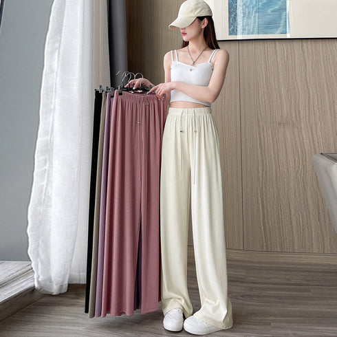 セミワイドパンツハイウエストロングパンツ レディース 冷感タッチサマーパンツ カジュアル ワイドレッグズボン 通勤通学ストレートパンツ ウエストゴム ボトムス春夏 86XANYT-076