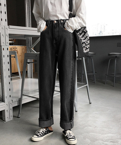 ハイウエストデニムパンツ ウエストボタン 定番デニム ストレートパンツ ウエスト調節可 セミワイドデニム 着やせパンツ 美脚脚長ボトムス 韓国風ジーパン 春夏秋冬 86XANYT-077