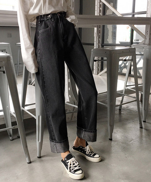 ハイウエストデニムパンツ ウエストボタン 定番デニム ストレートパンツ ウエスト調節可 セミワイドデニム 着やせパンツ 美脚脚長ボトムス 韓国風ジーパン 春夏秋冬 86XANYT-077