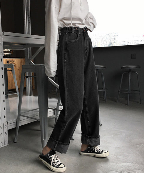 ハイウエストデニムパンツ ウエストボタン 定番デニム ストレートパンツ ウエスト調節可 セミワイドデニム 着やせパンツ 美脚脚長ボトムス 韓国風ジーパン 春夏秋冬 86XANYT-077