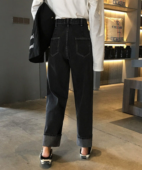 ハイウエストデニムパンツ ウエストボタン 定番デニム ストレートパンツ ウエスト調節可 セミワイドデニム 着やせパンツ 美脚脚長ボトムス 韓国風ジーパン 春夏秋冬 86XANYT-077