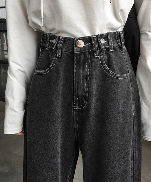 ハイウエストデニムパンツ ウエストボタン 定番デニム ストレートパンツ ウエスト調節可 セミワイドデニム 着やせパンツ 美脚脚長ボトムス 韓国風ジーパン 春夏秋冬 86XANYT-077