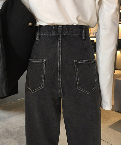 ハイウエストデニムパンツ ウエストボタン 定番デニム ストレートパンツ ウエスト調節可 セミワイドデニム 着やせパンツ 美脚脚長ボトムス 韓国風ジーパン 春夏秋冬 86XANYT-077