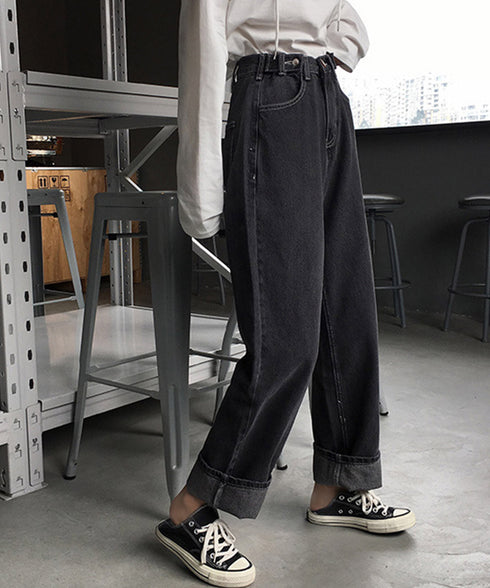 ハイウエストデニムパンツ ウエストボタン 定番デニム ストレートパンツ ウエスト調節可 セミワイドデニム 着やせパンツ 美脚脚長ボトムス 韓国風ジーパン 春夏秋冬 86XANYT-077