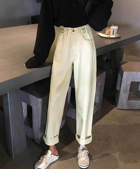 ハイウエストデニムパンツ ウエストボタン 定番デニム ストレートパンツ ウエスト調節可 セミワイドデニム 着やせパンツ 美脚脚長ボトムス 韓国風ジーパン 春夏秋冬 86XANYT-077