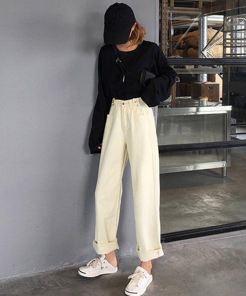 ハイウエストデニムパンツ ウエストボタン 定番デニム ストレートパンツ ウエスト調節可 セミワイドデニム 着やせパンツ 美脚脚長ボトムス 韓国風ジーパン 春夏秋冬 86XANYT-077