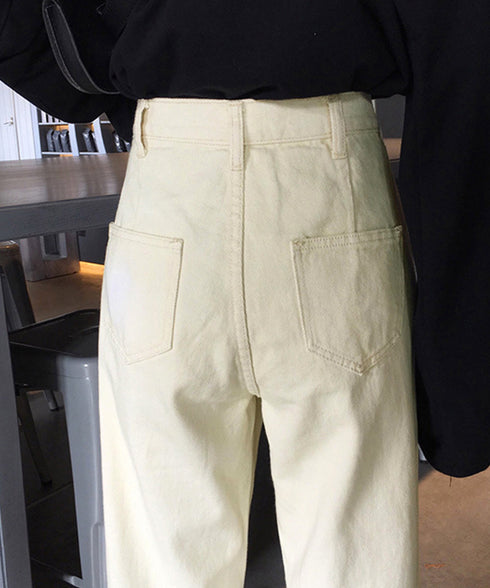 ハイウエストデニムパンツ ウエストボタン 定番デニム ストレートパンツ ウエスト調節可 セミワイドデニム 着やせパンツ 美脚脚長ボトムス 韓国風ジーパン 春夏秋冬 86XANYT-077