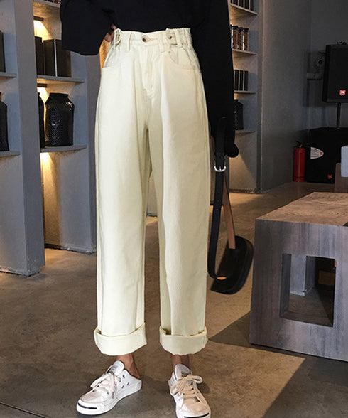 ハイウエストデニムパンツ ウエストボタン 定番デニム ストレートパンツ ウエスト調節可 セミワイドデニム 着やせパンツ 美脚脚長ボトムス 韓国風ジーパン 春夏秋冬 86XANYT-077