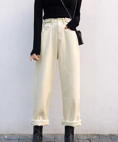 ハイウエストデニムパンツ ウエストボタン 定番デニム ストレートパンツ ウエスト調節可 セミワイドデニム 着やせパンツ 美脚脚長ボトムス 韓国風ジーパン 春夏秋冬 86XANYT-077