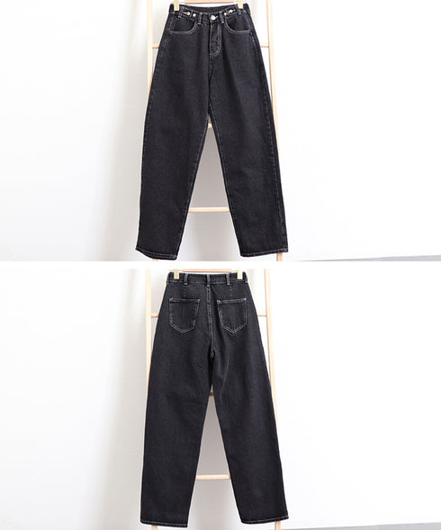 ハイウエストデニムパンツ ウエストボタン 定番デニム ストレートパンツ ウエスト調節可 セミワイドデニム 着やせパンツ 美脚脚長ボトムス 韓国風ジーパン 春夏秋冬 86XANYT-077
