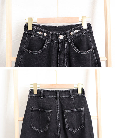 ハイウエストデニムパンツ ウエストボタン 定番デニム ストレートパンツ ウエスト調節可 セミワイドデニム 着やせパンツ 美脚脚長ボトムス 韓国風ジーパン 春夏秋冬 86XANYT-077