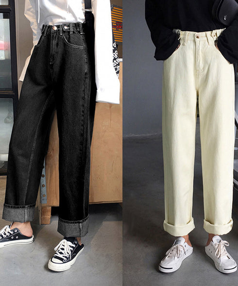 ハイウエストデニムパンツ ウエストボタン 定番デニム ストレートパンツ ウエスト調節可 セミワイドデニム 着やせパンツ 美脚脚長ボトムス 韓国風ジーパン 春夏秋冬 86XANYT-077