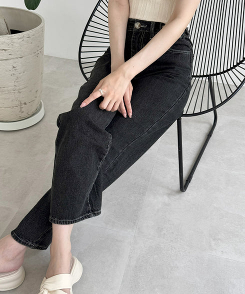 ハイウエストデニムパンツ ウエストボタン 定番デニム ストレートパンツ ウエスト調節可 セミワイドデニム 着やせパンツ 美脚脚長ボトムス 韓国風ジーパン 春夏秋冬 86XANYT-077