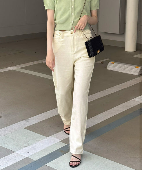 ハイウエストデニムパンツ ウエストボタン 定番デニム ストレートパンツ ウエスト調節可 セミワイドデニム 着やせパンツ 美脚脚長ボトムス 韓国風ジーパン 春夏秋冬 86XANYT-077