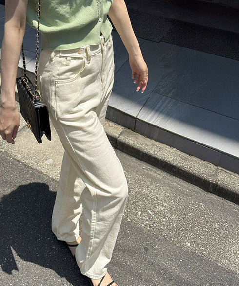 ハイウエストデニムパンツ ウエストボタン 定番デニム ストレートパンツ ウエスト調節可 セミワイドデニム 着やせパンツ 美脚脚長ボトムス 韓国風ジーパン 春夏秋冬 86XANYT-077