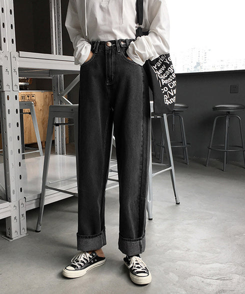 ハイウエストデニムパンツ ウエストボタン 定番デニム ストレートパンツ ウエスト調節可 セミワイドデニム 着やせパンツ 美脚脚長ボトムス 韓国風ジーパン 春夏秋冬 86XANYT-077