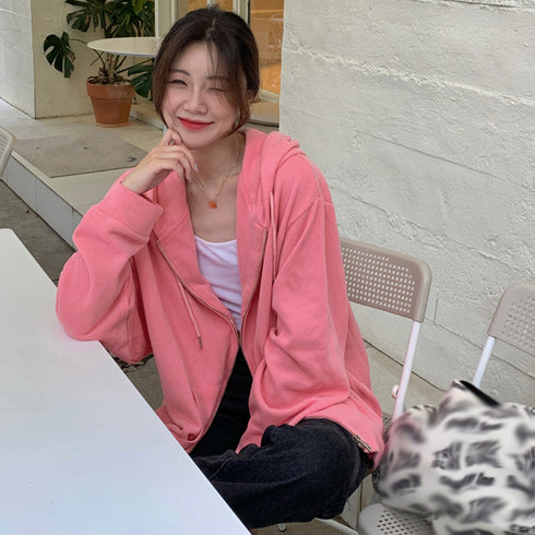 ジップアップパーカーレディーススウェット 薄手 ゆったり フード付きアウター 体型カバー BF風フーディー カジュアルトップス ロゴZIPパーカー 韓国羽織り長袖 86XHUAID-002