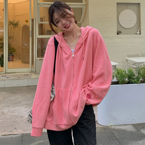 ジップアップパーカーレディーススウェット 薄手 ゆったり フード付きアウター 体型カバー BF風フーディー カジュアルトップス ロゴZIPパーカー 韓国羽織り長袖 86XHUAID-002