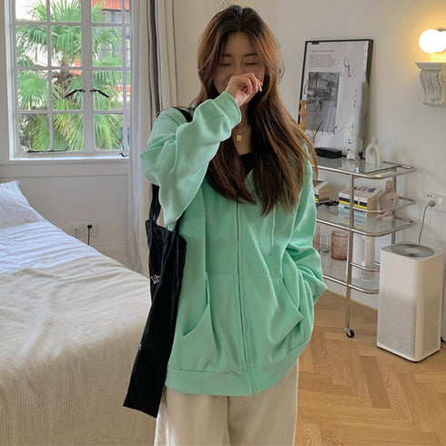 ジップアップパーカーレディーススウェット 薄手 ゆったり フード付きアウター 体型カバー BF風フーディー カジュアルトップス ロゴZIPパーカー 韓国羽織り長袖 86XHUAID-002