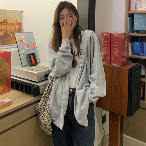 ジップアップパーカーレディーススウェット 薄手 ゆったり フード付きアウター 体型カバー BF風フーディー カジュアルトップス ロゴZIPパーカー 韓国羽織り長袖 86XHUAID-002