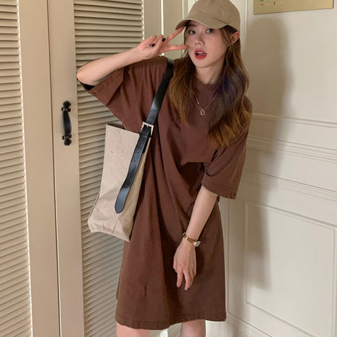 ゆったり Tシャツワンピース レディース ドロップショルダー ロング丈Tシャツ クルーネック ミニワンピース カジュアル 着やせカットソー 韓国チュニックワンピ夏 86XHUAID-003