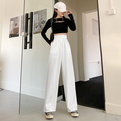 ストレートワイドパンツ レディース 韓国 おしゃれ ハイウエスト タックパンツ マジックテープ カジュアル ロングパンツ 脚長ボトムス 春夏秋 スーツパンツ 薄手 86XHUAID-006