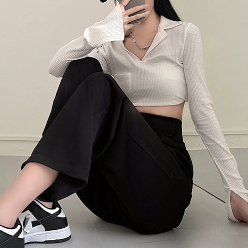 ストレートワイドパンツ レディース 韓国 おしゃれ ハイウエスト タックパンツ マジックテープ カジュアル ロングパンツ 脚長ボトムス 春夏秋 スーツパンツ 薄手 86XHUAID-006