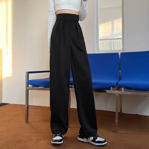 ストレートワイドパンツ レディース 韓国 おしゃれ ハイウエスト タックパンツ マジックテープ カジュアル ロングパンツ 脚長ボトムス 春夏秋 スーツパンツ 薄手 86XHUAID-006