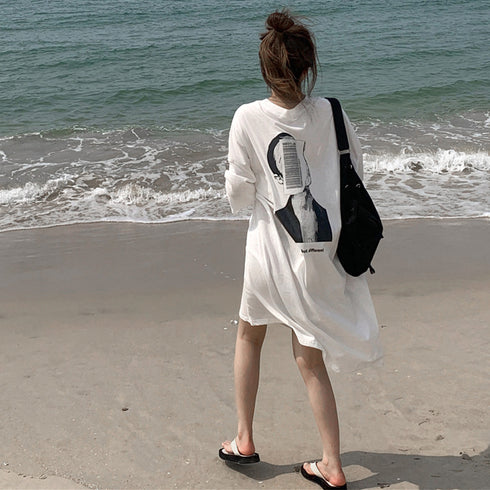 五分袖Tシャツワンピース バックプリント レディース オーバーサイズ ゆったりチュニックワンピース 体型カバー マタニティワンピ夏 BIGシルエットロングTシャツ 86XHUAID-007