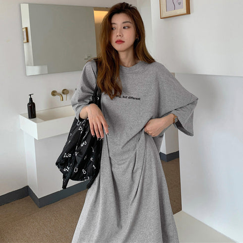 五分袖Tシャツワンピース バックプリント レディース オーバーサイズ ゆったりチュニックワンピース 体型カバー マタニティワンピ夏 BIGシルエットロングTシャツ 86XHUAID-007